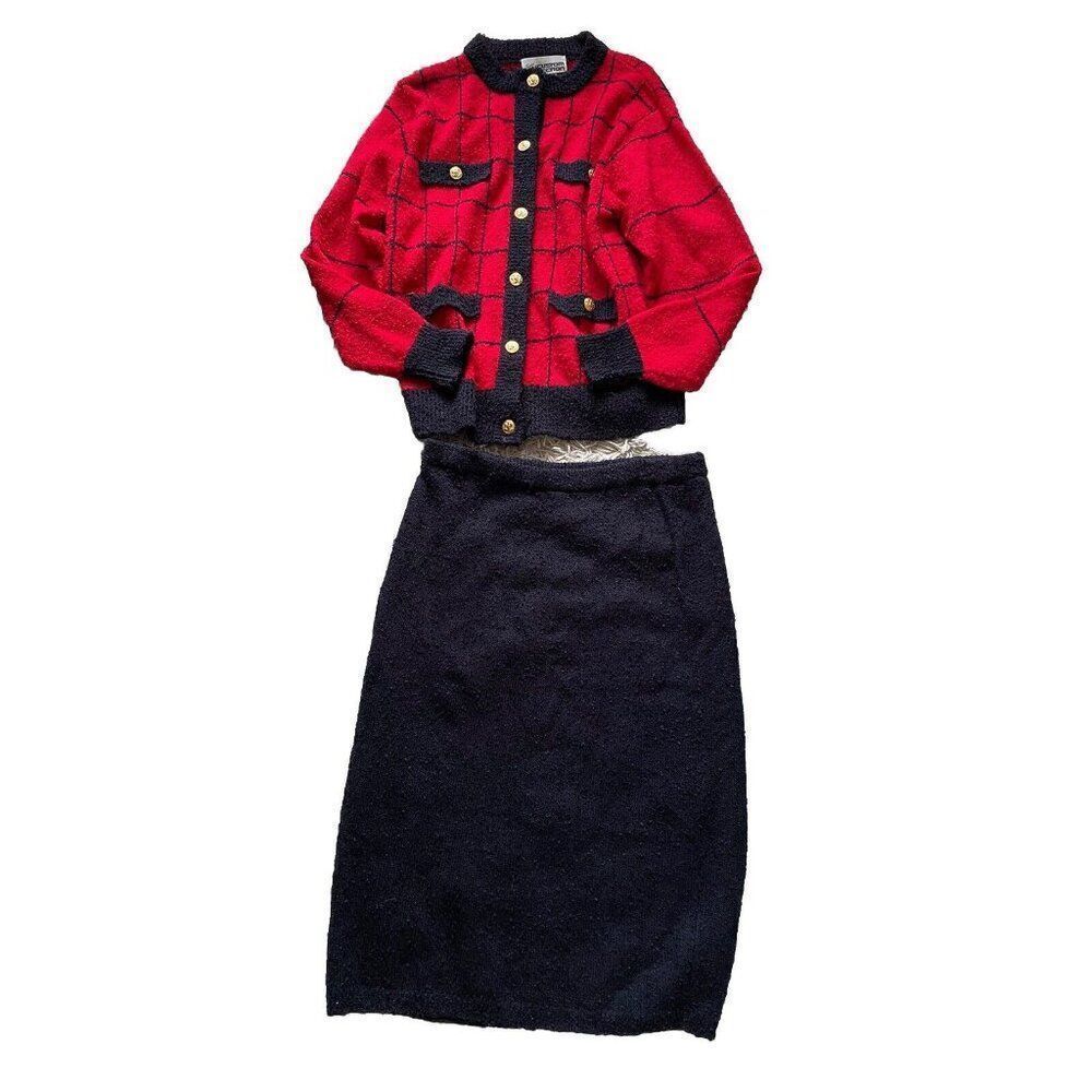Vintage The 1 East Custom Collection Medium Windowpane Red Suit Skirt Set Black